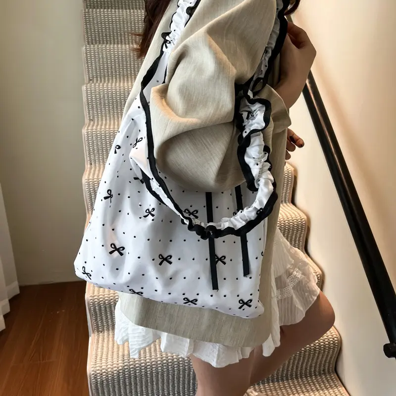 Sweet Bow Floral Women Nylon Shoulder Bags Pleated Design Large Capacity Female Handbags Simple Casual Ladies Underarm Tote Bag