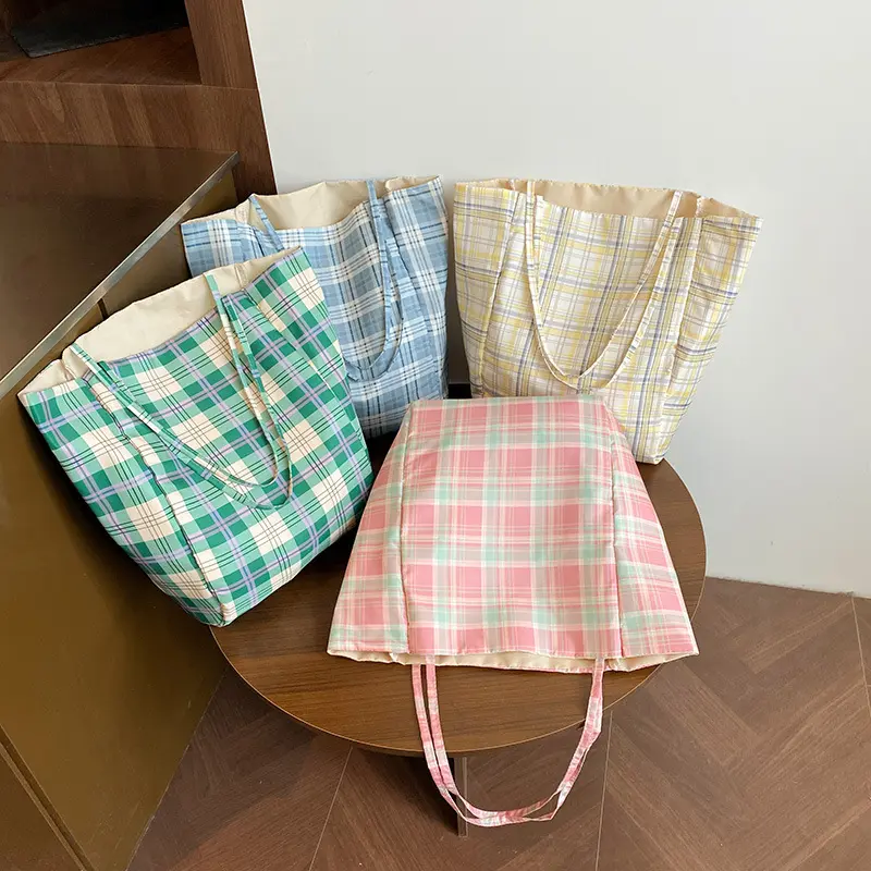 Casual Plaid Women's Nylon Shoulder Bag Commuter Vintage Style Female Handbags Simple Large Capacity Ladies Bucket Tote Bags
