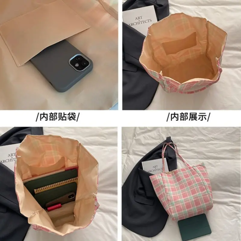 Casual Plaid Women's Nylon Shoulder Bag Commuter Vintage Style Female Handbags Simple Large Capacity Ladies Bucket Tote Bags