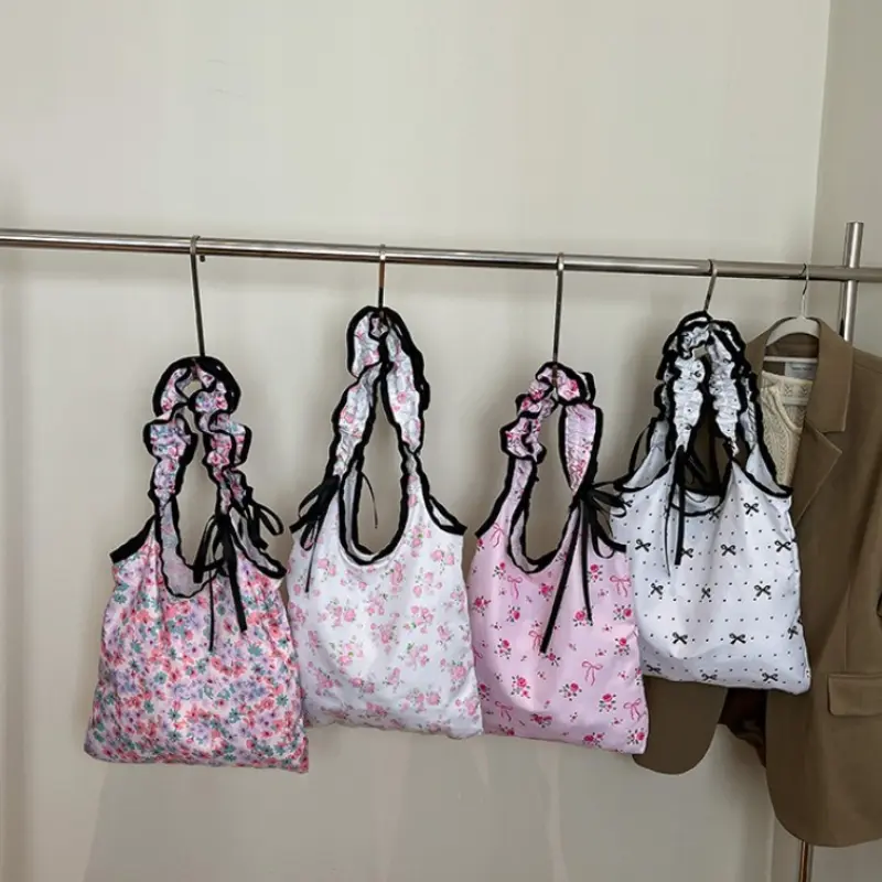 Sweet Bow Floral Women Nylon Shoulder Bags Pleated Design Large Capacity Female Handbags Simple Casual Ladies Underarm Tote Bag
