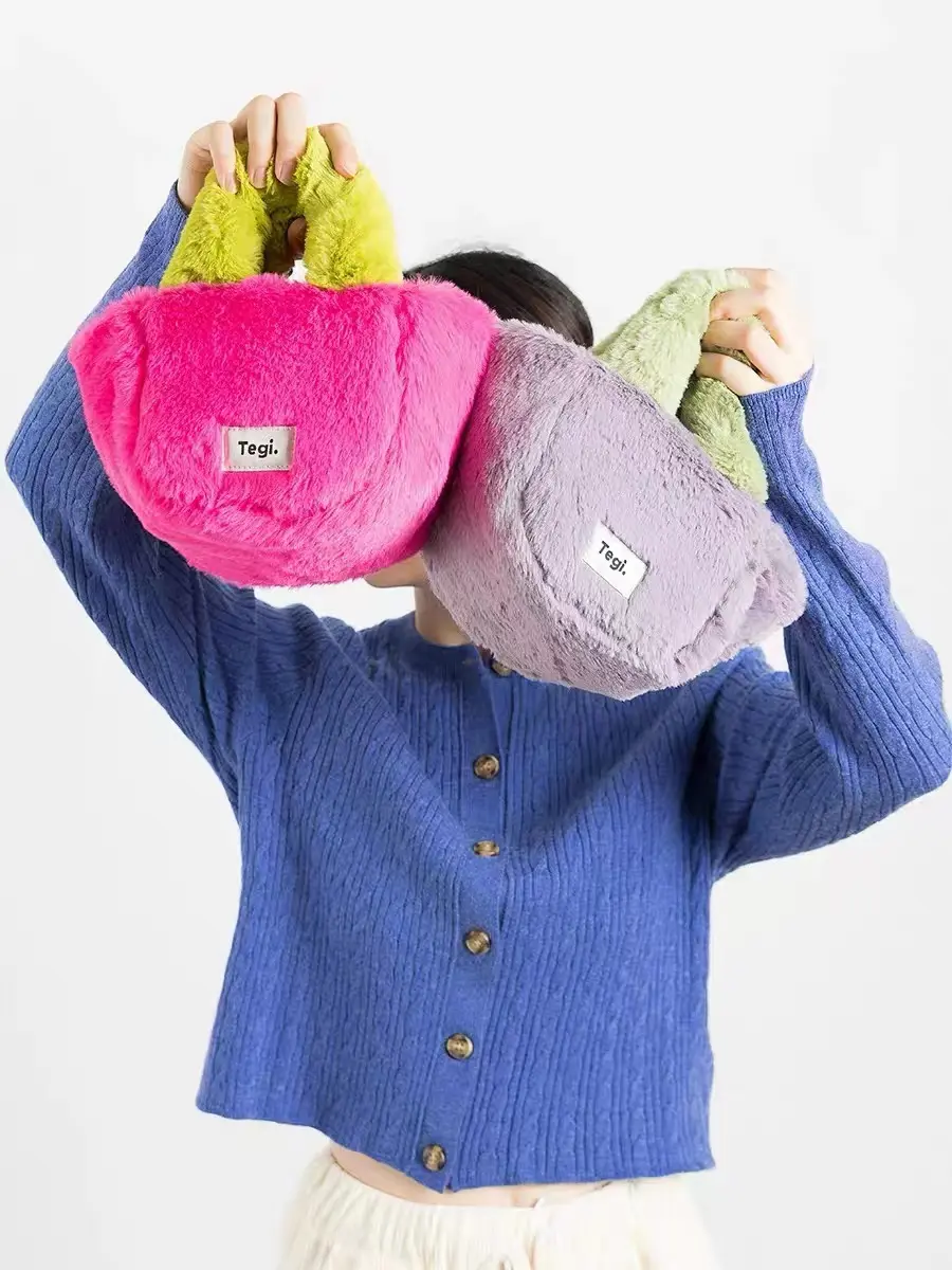 Candy Colors Women Small Tote Plush Shoulder Bag Faux Fur Female Clutch Purse Handbags Winter Fashion Ladies Top-handle Bag