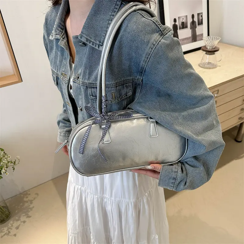 Ribbon Bow Women's Square Shoulder Bag Soft PU Leaher Female Small Underarm Bags Solid Colour Ladies Simple Tote Purse Handbags