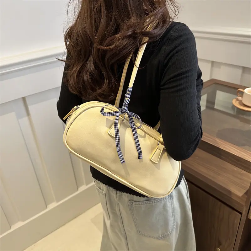 Ribbon Bow Women's Square Shoulder Bag Soft PU Leaher Female Small Underarm Bags Solid Colour Ladies Simple Tote Purse Handbags