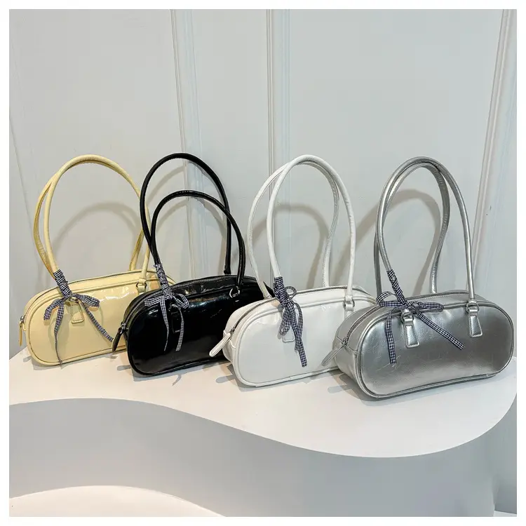 Ribbon Bow Women's Square Shoulder Bag Soft PU Leaher Female Small Underarm Bags Solid Colour Ladies Simple Tote Purse Handbags