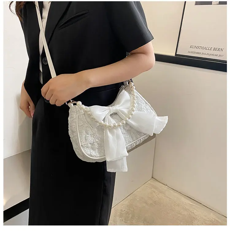 Fashion Pearl Chains Design Female Shoulder Messenger Bag Sweet Bow Ladies Crossbody Bags Flower Pattern Women Square Handbags