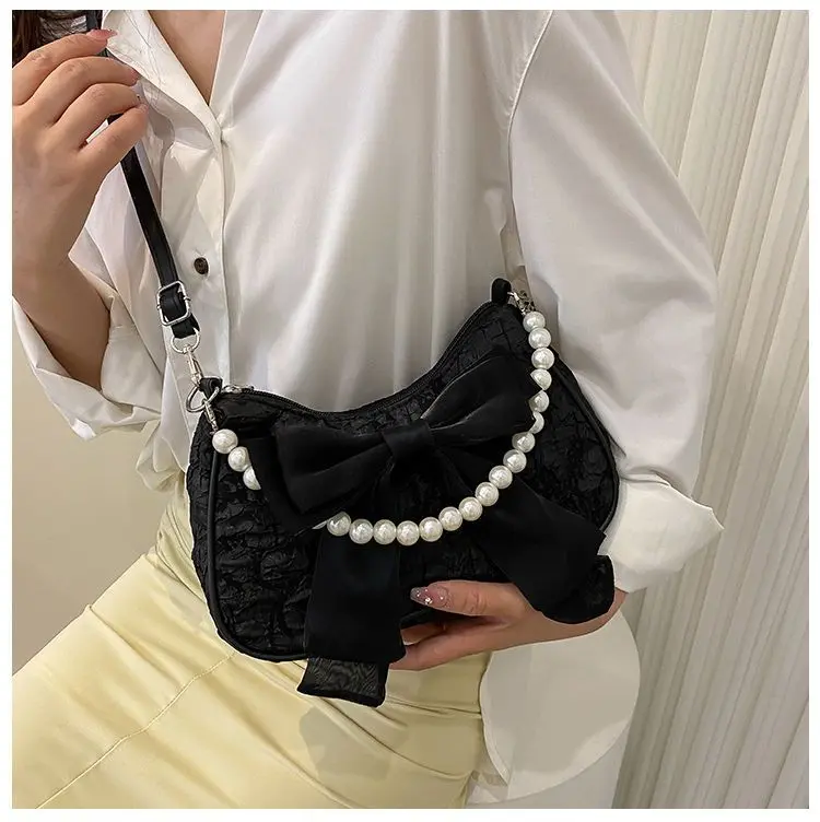 Fashion Pearl Chains Design Female Shoulder Messenger Bag Sweet Bow Ladies Crossbody Bags Flower Pattern Women Square Handbags