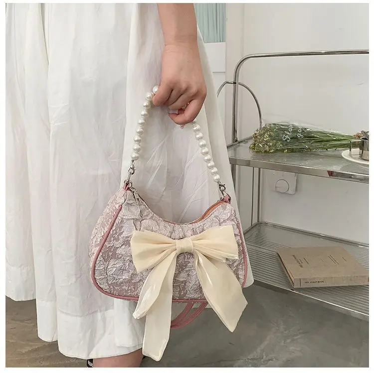 Fashion Pearl Chains Design Female Shoulder Messenger Bag Sweet Bow Ladies Crossbody Bags Flower Pattern Women Square Handbags