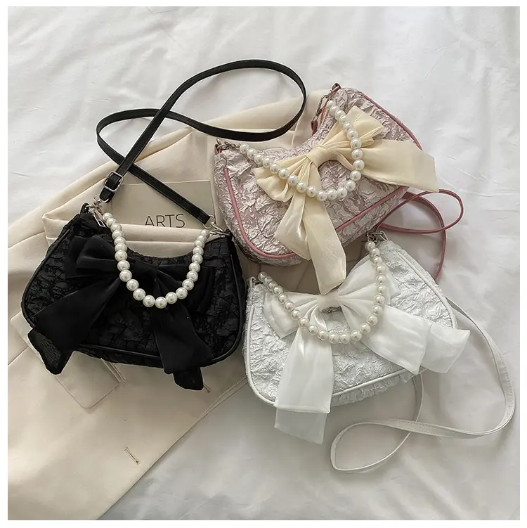 Fashion Pearl Chains Design Female Shoulder Messenger Bag Sweet Bow Ladies Crossbody Bags Flower Pattern Women Square Handbags