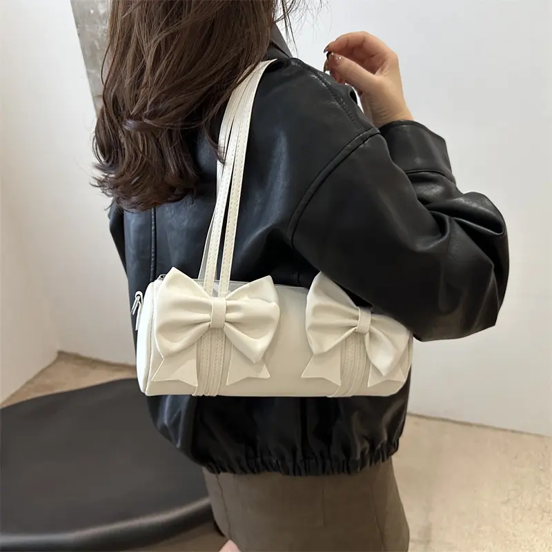 Elegant Bow Women's Small Pillow Handbags Pu Leather Ladies Shoulder Underarm Bags Barrel-shaped Purse Female Tote Crossbody Bag