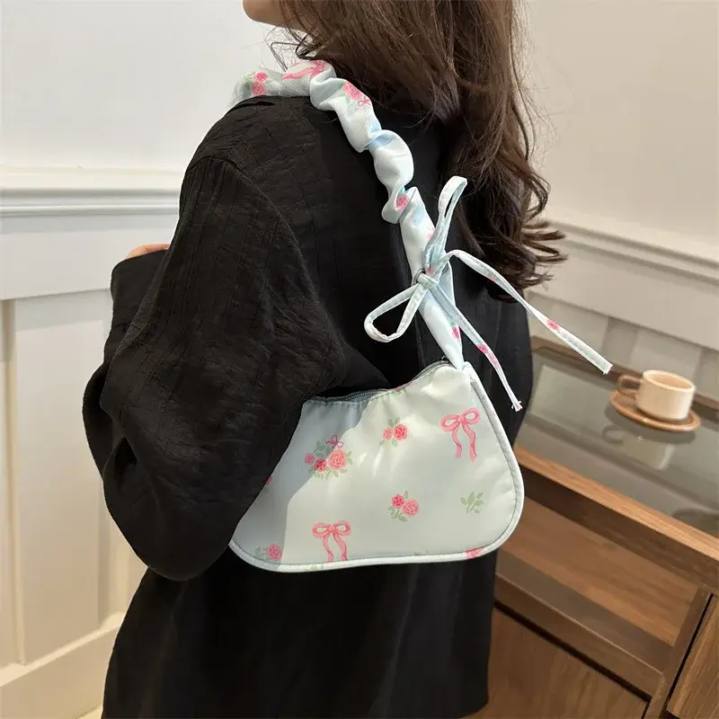 Lovely Flowers Print Shoulder Bags for Women Sweet Floral Ladies Underarm Bag Pleated Strap Female Handbags Small Clutch Purse