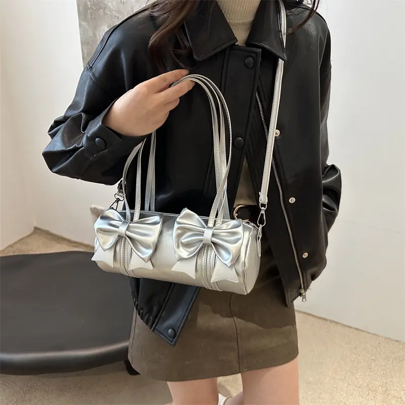 Elegant Bow Women's Small Pillow Handbags Pu Leather Ladies Shoulder Underarm Bags Barrel-shaped Purse Female Tote Crossbody Bag