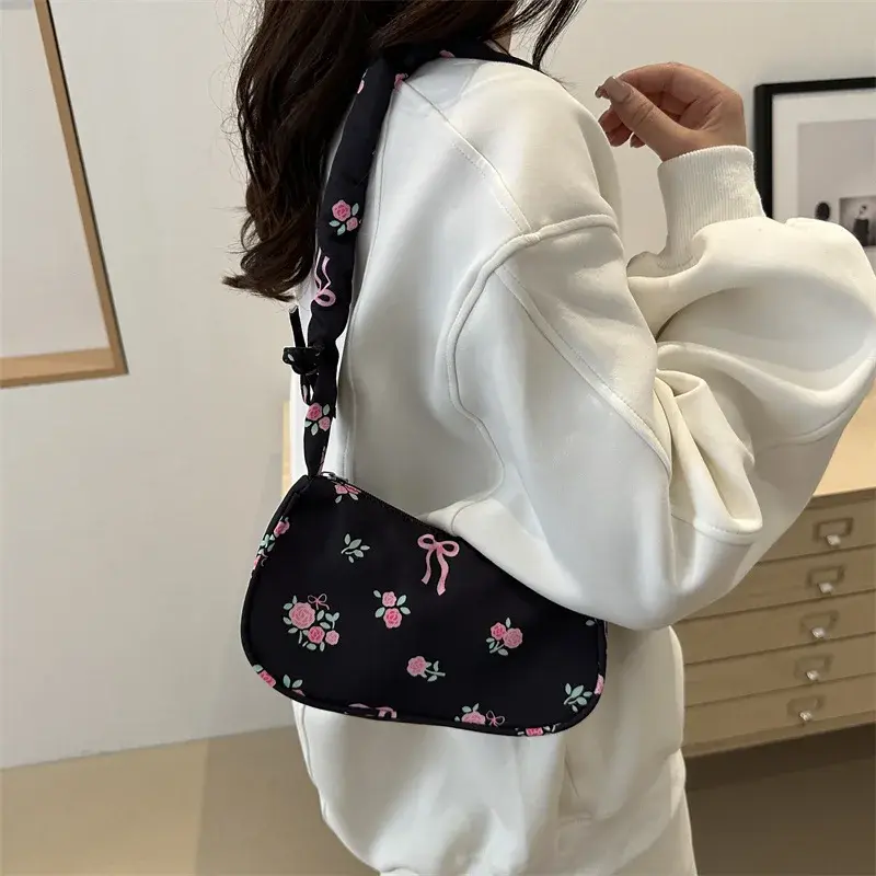 Lovely Flowers Print Shoulder Bags for Women Sweet Floral Ladies Underarm Bag Pleated Strap Female Handbags Small Clutch Purse