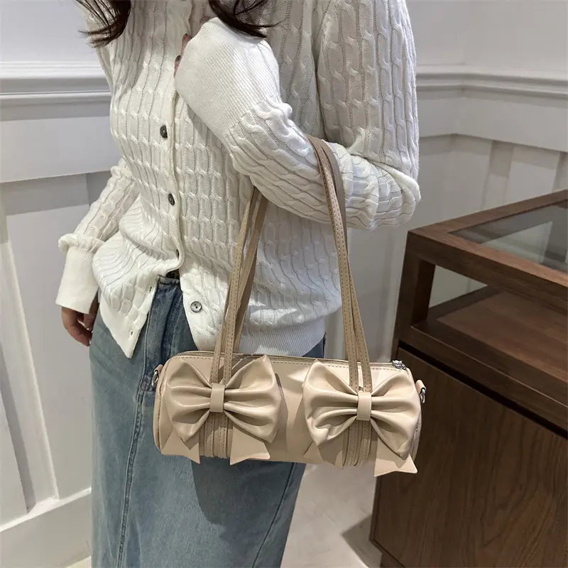 Elegant Bow Women's Small Pillow Handbags Pu Leather Ladies Shoulder Underarm Bags Barrel-shaped Purse Female Tote Crossbody Bag