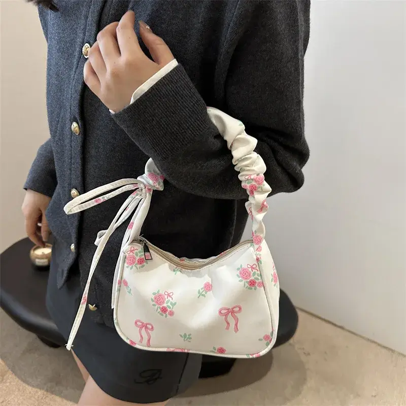 Lovely Flowers Print Shoulder Bags for Women Sweet Floral Ladies Underarm Bag Pleated Strap Female Handbags Small Clutch Purse