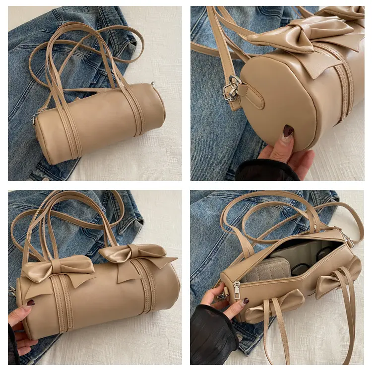 Elegant Bow Women's Small Pillow Handbags Pu Leather Ladies Shoulder Underarm Bags Barrel-shaped Purse Female Tote Crossbody Bag