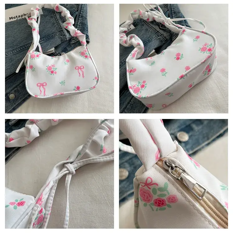 Lovely Flowers Print Shoulder Bags for Women Sweet Floral Ladies Underarm Bag Pleated Strap Female Handbags Small Clutch Purse
