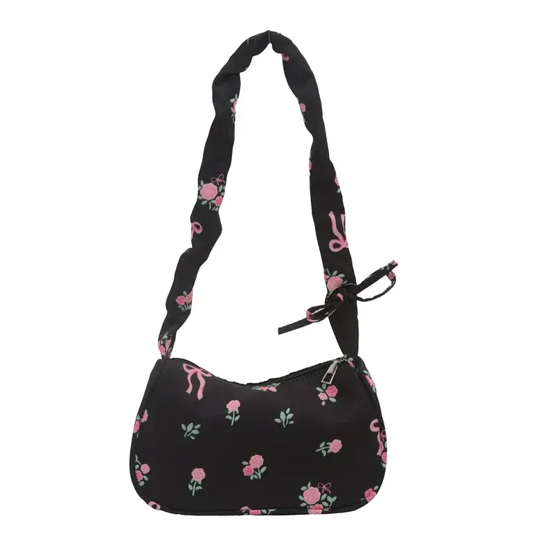 Lovely Flowers Print Shoulder Bags for Women Sweet Floral Ladies Underarm Bag Pleated Strap Female Handbags Small Clutch Purse