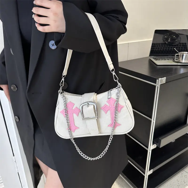 Fashion Y2K Cool Girls Chain Shoulder Bag Retro Canvas Women's Underarm Bags Small Tote Handbags Clutch Purse Crossbody Bag