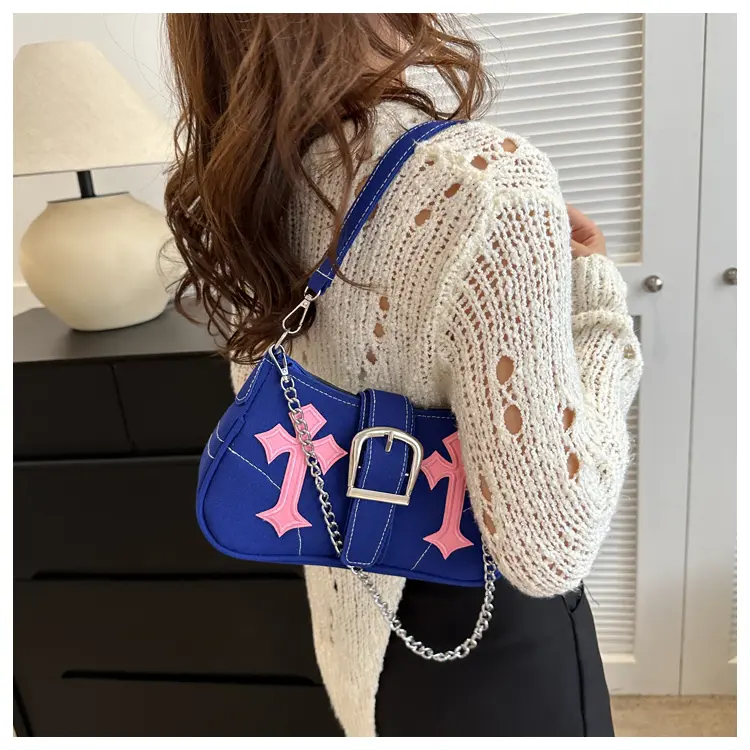 Fashion Y2K Cool Girls Chain Shoulder Bag Retro Canvas Women's Underarm Bags Small Tote Handbags Clutch Purse Crossbody Bag