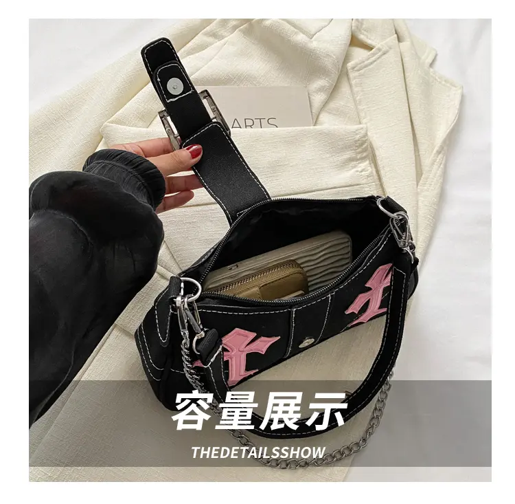 Fashion Y2K Cool Girls Chain Shoulder Bag Retro Canvas Women's Underarm Bags Small Tote Handbags Clutch Purse Crossbody Bag