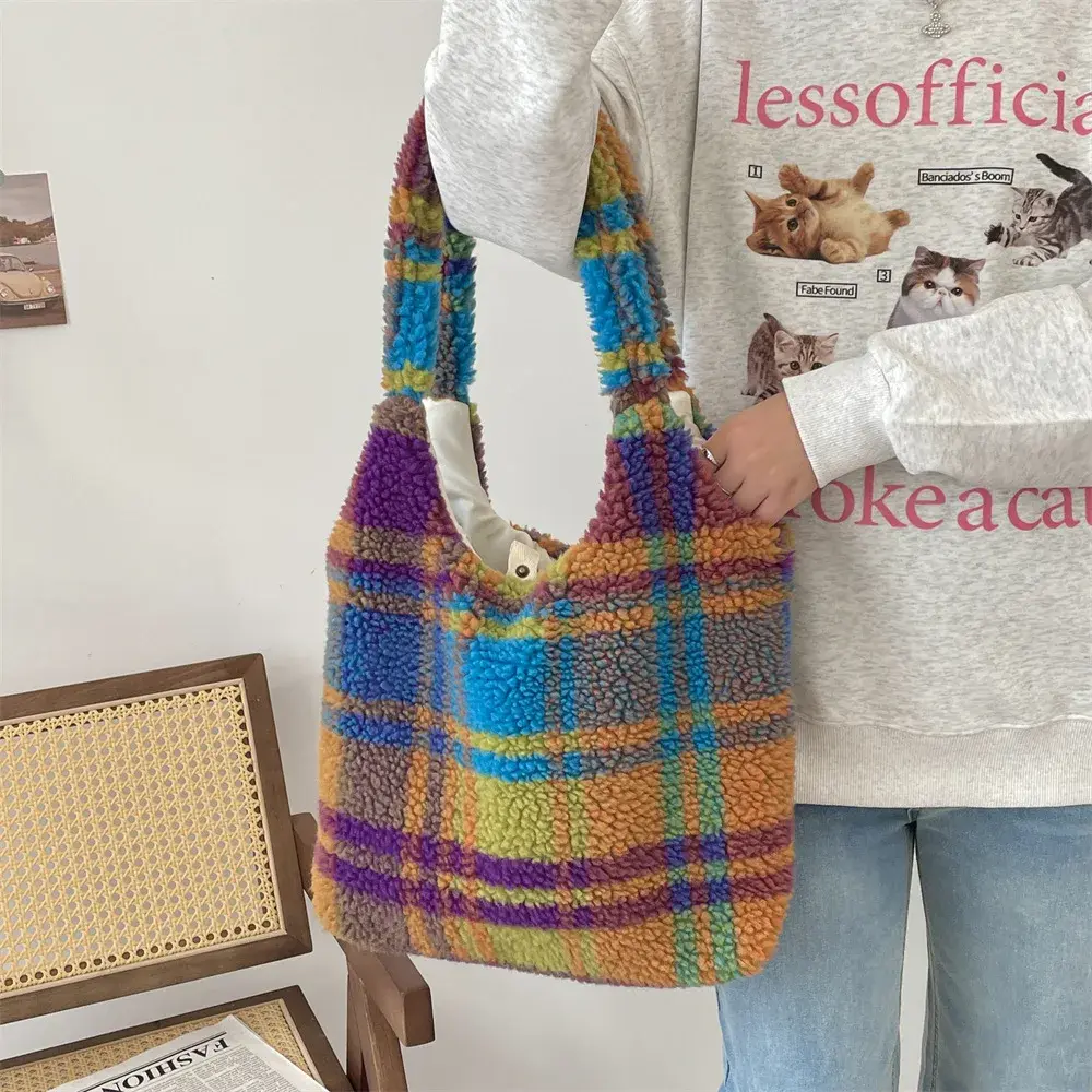 Winter Plaid Women's Plush Shoulder Bags Vintage Leopard Ladies Furry Handbags Large Capacity Female Faux Lamb Wool Tote Bag