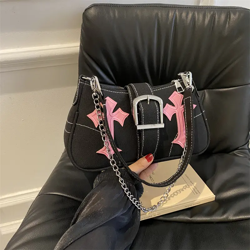 Fashion Y2K Cool Girls Chain Shoulder Bag Retro Canvas Women's Underarm Bags Small Tote Handbags Clutch Purse Crossbody Bag
