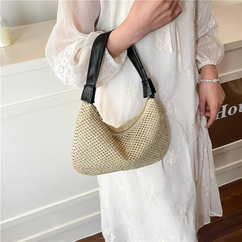 Casual Simple Women Straw Shoulder Bags Patchwork Portable Ladies Beach Phone Handbags Commuter Female Underarm Bag Clutch Purse