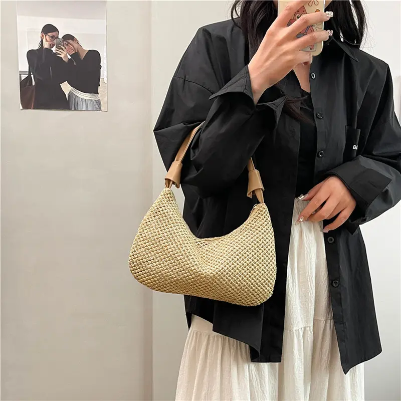 Casual Simple Women Straw Shoulder Bags Patchwork Portable Ladies Beach Phone Handbags Commuter Female Underarm Bag Clutch Purse