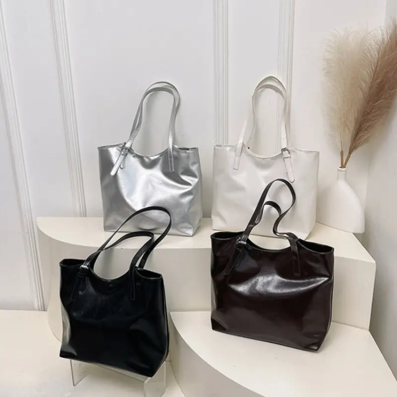 Retro Soft Pu Leather Women Shoulder Bag Large Capacity Simple Ladies Handbags Solid Color Portable Commuter Female Tote Bags