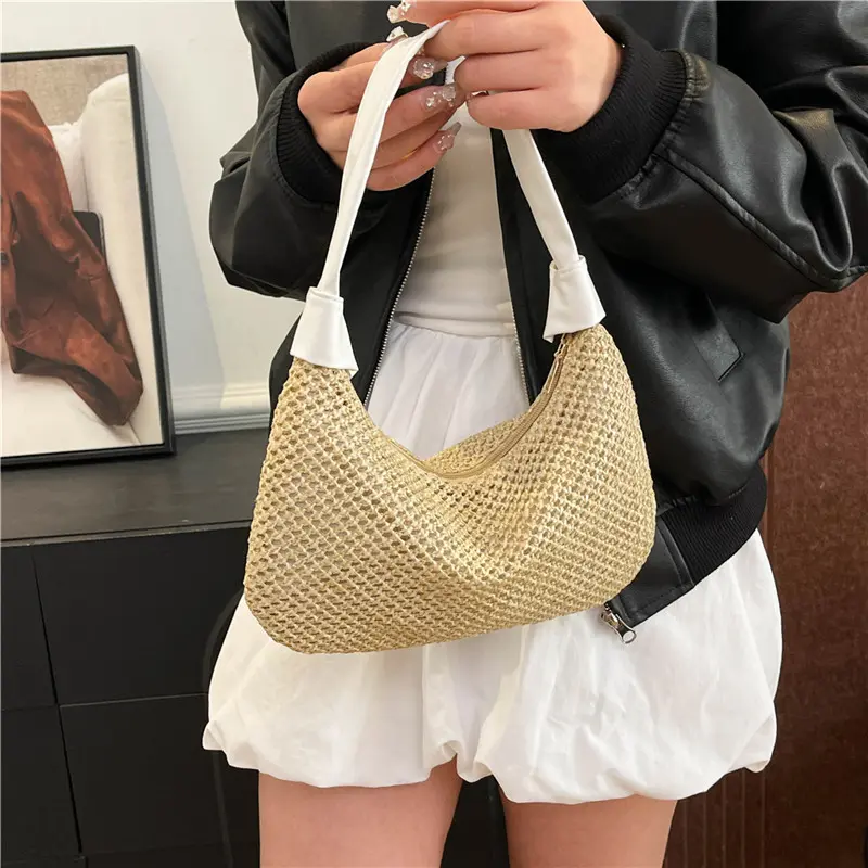 Casual Simple Women Straw Shoulder Bags Patchwork Portable Ladies Beach Phone Handbags Commuter Female Underarm Bag Clutch Purse