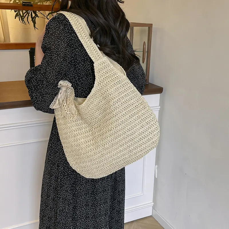 Summer  Straw Woven Shoulder Bags for Women Casual Vacation Style Ladies Beach Tote Large Capacity Female Handbags with Pendant