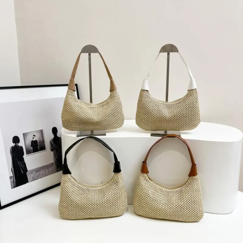 Casual Simple Women Straw Shoulder Bags Patchwork Portable Ladies Beach Phone Handbags Commuter Female Underarm Bag Clutch Purse