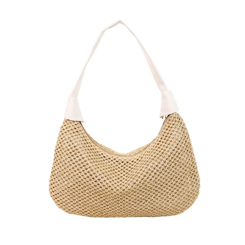 Casual Simple Women Straw Shoulder Bags Patchwork Portable Ladies Beach Phone Handbags Commuter Female Underarm Bag Clutch Purse
