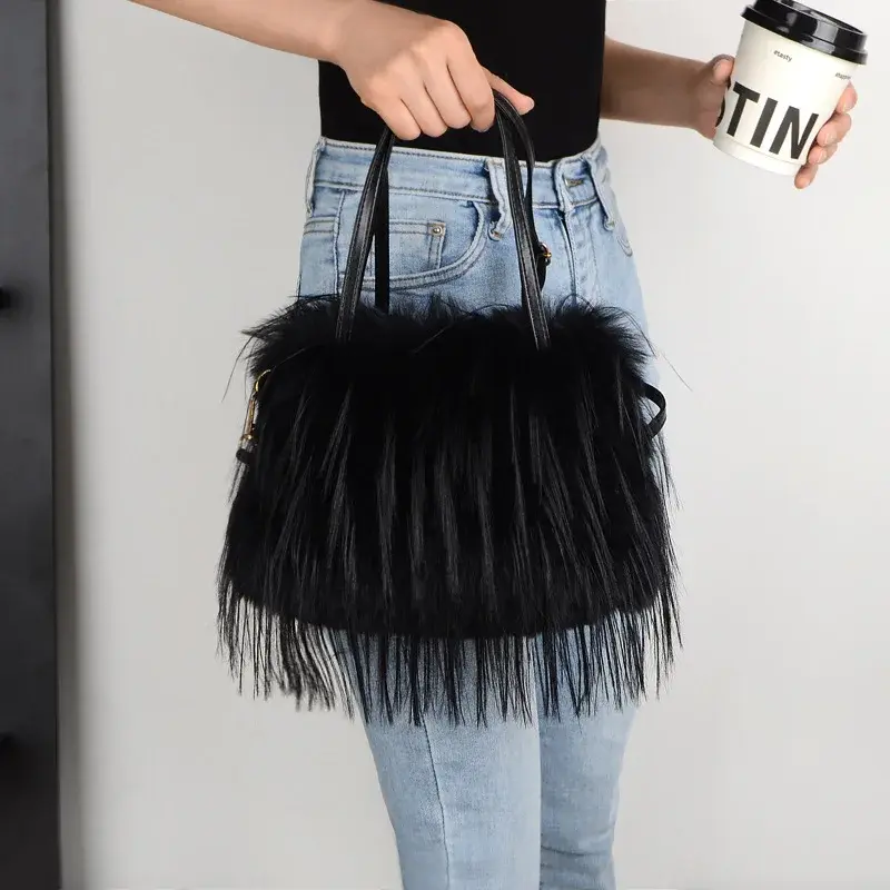Faux Fur Tassel Women's Handbags Furry Shoulder Bag Sweet Pink Ladies Soft Plush Tote Crossbody Bags Purse Winter Fashion Female