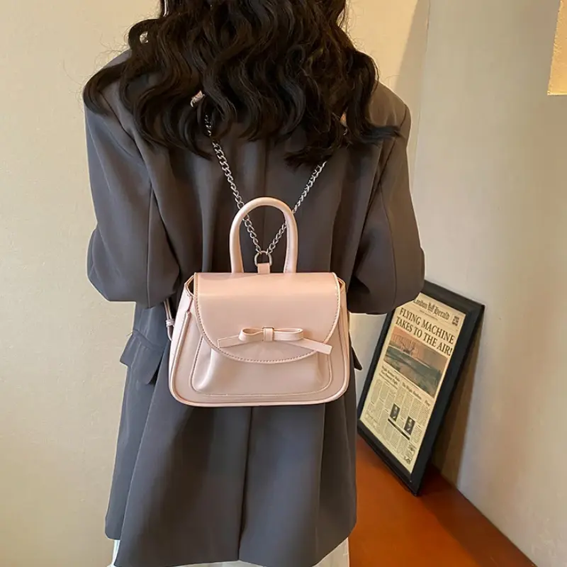 Fashion Pink Bow Women's Tote Backpacks Elegant Pu Leather Ladies Shoulder Bag Small Simple Girls Student Schoolbags Handbags