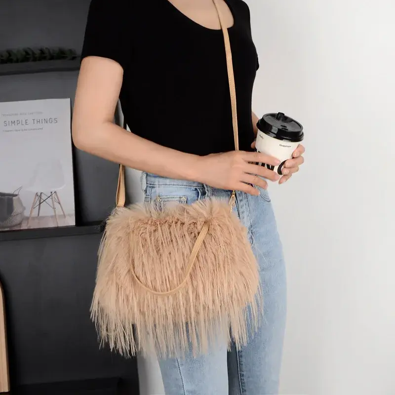 Faux Fur Tassel Women's Handbags Furry Shoulder Bag Sweet Pink Ladies Soft Plush Tote Crossbody Bags Purse Winter Fashion Female