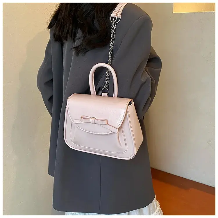 Fashion Pink Bow Women's Tote Backpacks Elegant Pu Leather Ladies Shoulder Bag Small Simple Girls Student Schoolbags Handbags