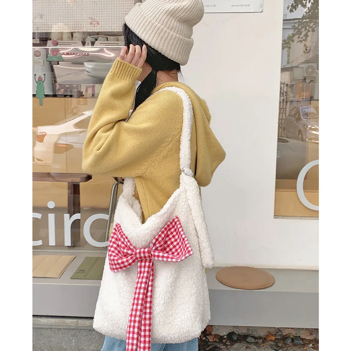 Winter Faux Lamb Wool Women's Shoulde Bag Sweet Bowknot Plush Girls Crossbody Bags Simple Furry Shopper Handbags for Female