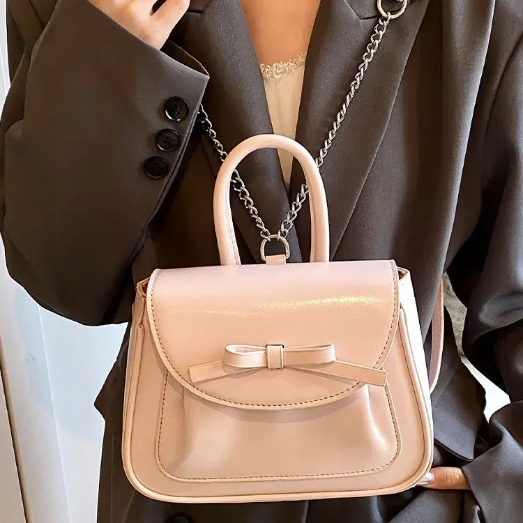 Fashion Pink Bow Women's Tote Backpacks Elegant Pu Leather Ladies Shoulder Bag Small Simple Girls Student Schoolbags Handbags