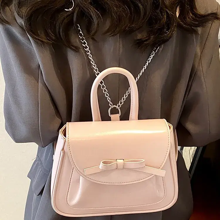 Fashion Pink Bow Women's Tote Backpacks Elegant Pu Leather Ladies Shoulder Bag Small Simple Girls Student Schoolbags Handbags