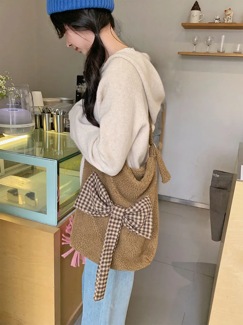 Winter Faux Lamb Wool Women's Shoulde Bag Sweet Bowknot Plush Girls Crossbody Bags Simple Furry Shopper Handbags for Female