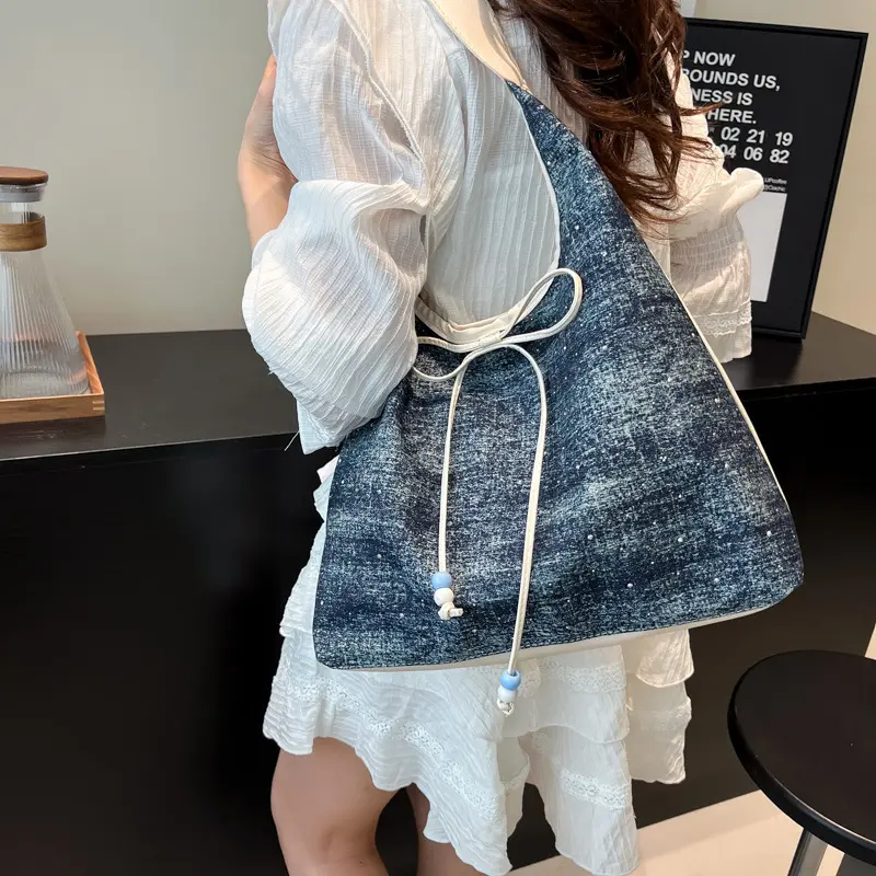 Fashion Design Women Denim Shoulder Bags Large Capacity Student Ladies Pu Underarm Bag Simple Portable Female Tote Handbags