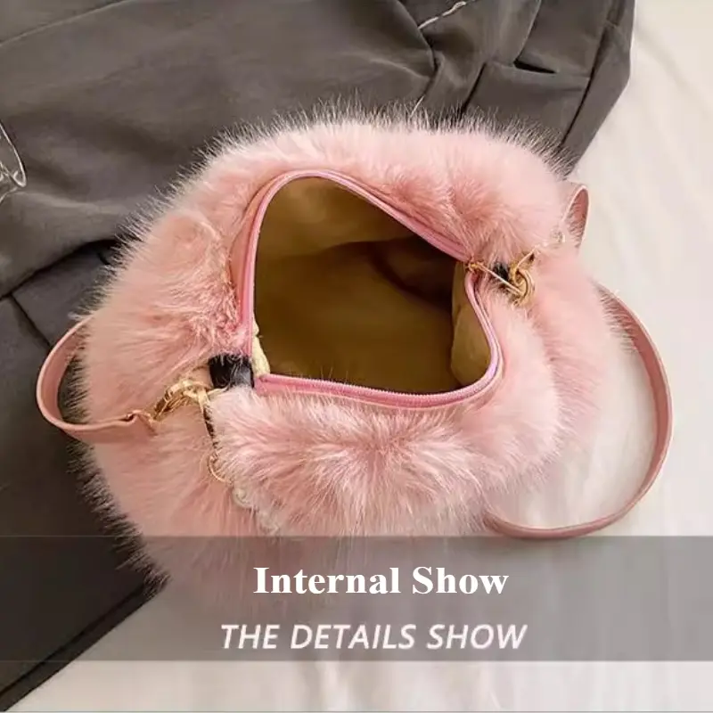 Winter Fashion Women's Faux Fur Shoulder Bags Candy Color Pearl Handle Ladies Crossbody Bag Small Fluffy Female Handbags Purses