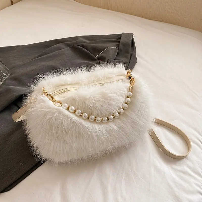 Winter Fashion Women's Faux Fur Shoulder Bags Candy Color Pearl Handle Ladies Crossbody Bag Small Fluffy Female Handbags Purses