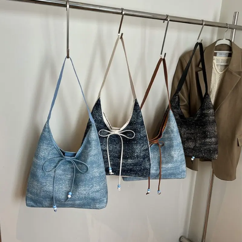 Fashion Design Women Denim Shoulder Bags Large Capacity Student Ladies Pu Underarm Bag Simple Portable Female Tote Handbags
