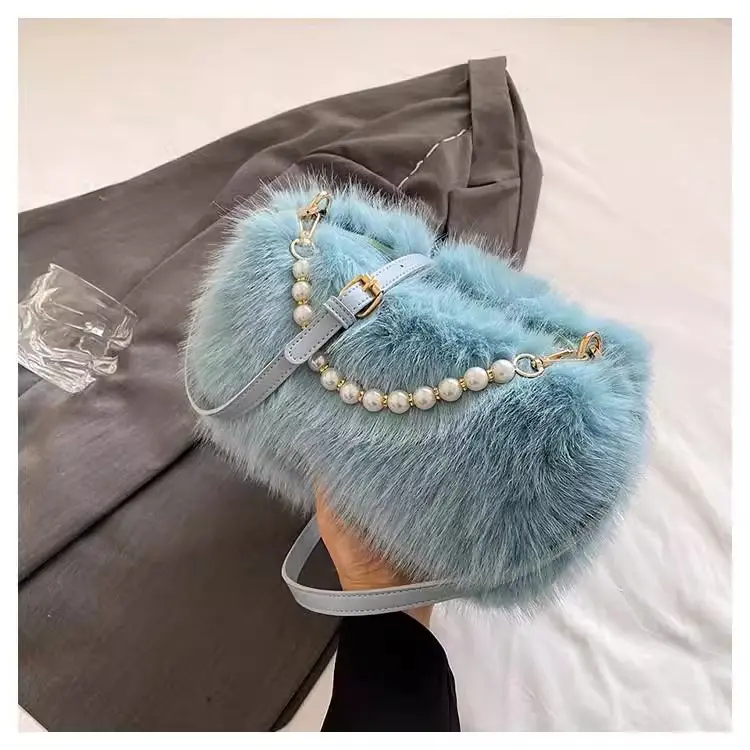 Winter Fashion Women's Faux Fur Shoulder Bags Candy Color Pearl Handle Ladies Crossbody Bag Small Fluffy Female Handbags Purses