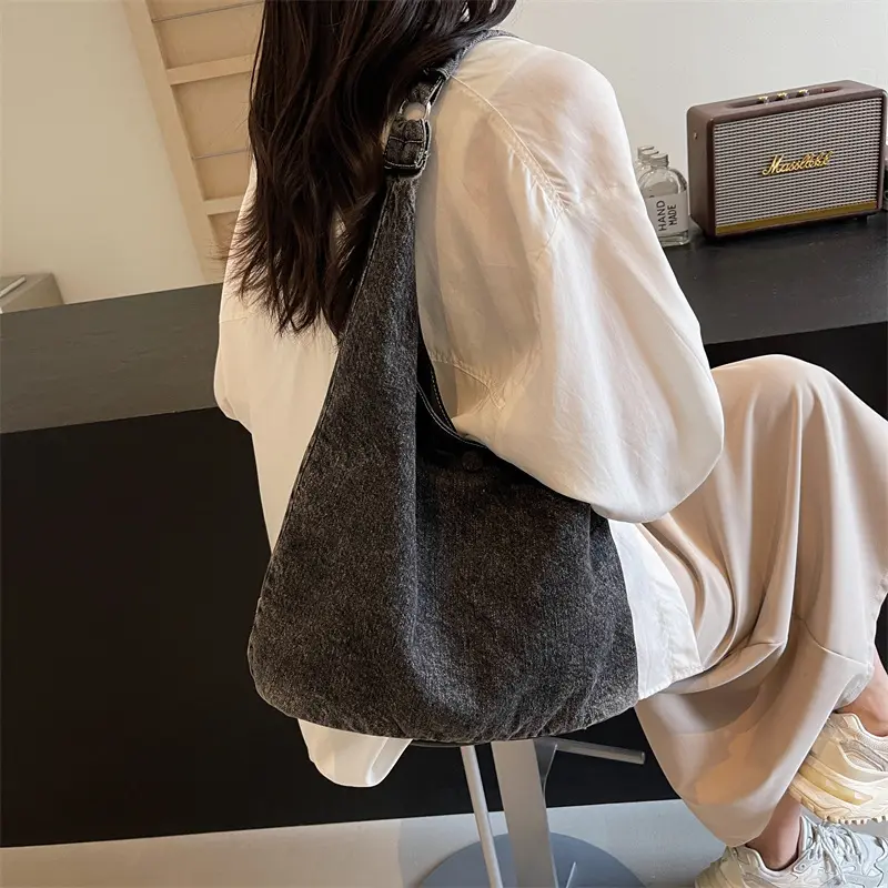 Casual Soft Denim Shoulder Bags for Women Large Capacity Versatile Ladies Underarm Bag Fashion Solid Color Female Tote Handbags