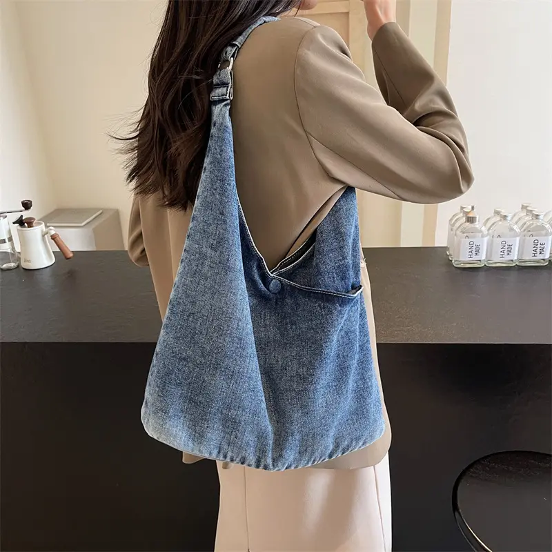 Casual Soft Denim Shoulder Bags for Women Large Capacity Versatile Ladies Underarm Bag Fashion Solid Color Female Tote Handbags