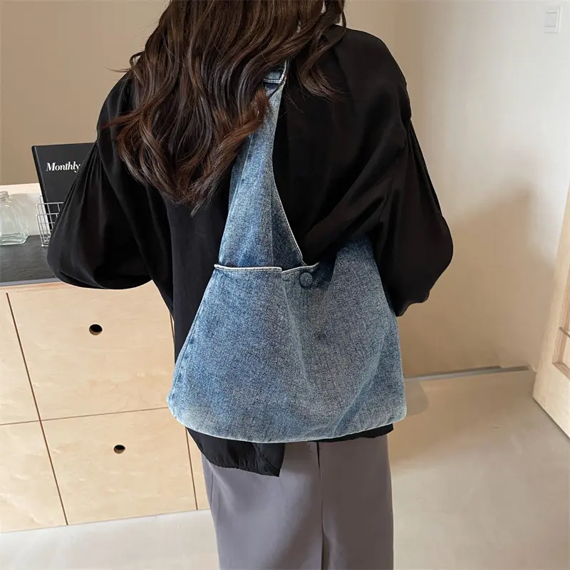 Casual Soft Denim Shoulder Bags for Women Large Capacity Versatile Ladies Underarm Bag Fashion Solid Color Female Tote Handbags