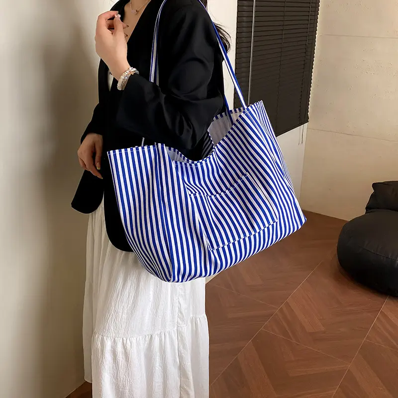 Casual Striped Design Women Nylon Shoulder Bags Versatile Large Capacity Ladies Armpit Handbag Contrast Color Girl Shopping Tote